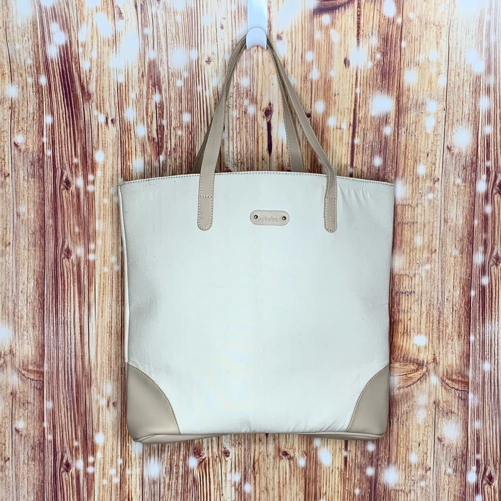 Tote Bag Jaipur October Beige and Tan Vegan Leather Handle drop 9” Like New - Picture 5 of 7